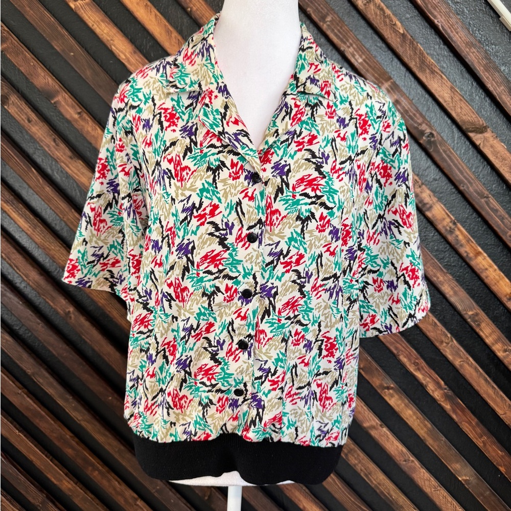 Vintage NOTATIONS 80s / 90s Printed Collar Blouse Top Shirt Size L